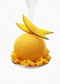 Mango sorbet with fresh fruit on a spoon