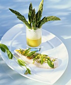 Steamed sole fillet and herb foam with asparagus