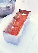 Putting layers of fish into a terrine dish for fish terrine