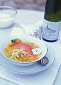 Salmon in Riesling with vegetable strips and dill potato