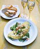 Omelette with green asparagus and crayfish
