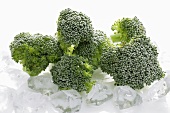 Frozen broccoli florets on ice