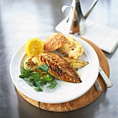 Gebratenes Fischfilet mit Brunnenkresse und Brot