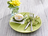 Place-setting with boiled egg as place card