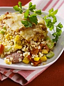 Bulgur wheat and vegetable gratin with cabanossi