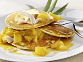 Pancakes with coconut and pineapple compote