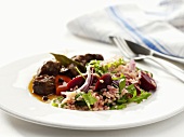 Meat stew with bulgur wheat and beetroot salad