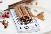 Cinnamon sticks on a grater