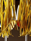 Two glasses of wine behind hanging pasta