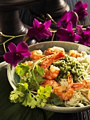 Rice noodles with king prawns and coriander pesto