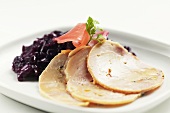 Smoked chicken roll with gingered red cabbage