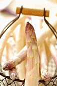 White asparagus in a wire basket