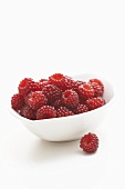 Raspberries in a small white bowl