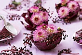 Red cabbage leaves filled with elderberries and dahlias