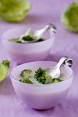 Broccoli soup in two small bowls
