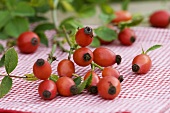Fresh rose hips on checked place-mat