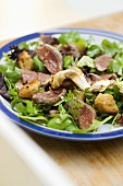 Salad leaves with roast pigeon breast and mushrooms