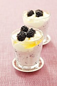 Blackberry yogurt with honey in two glasses