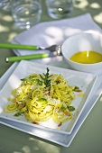 Tagliatelle with rocket pesto and pine nuts