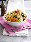 Penne with butternut squash, spinach and lemon zest