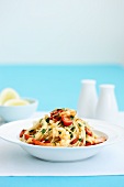 Bowl of Pasta with Shrimp on a Napkin