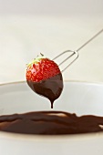 A chocolate-dipped strawberry on a chocolate dipping fork