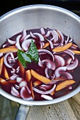 Red wine marinade with carrots, onions, bay leaves