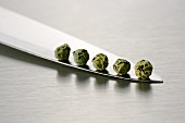 Five green peppercorns on a knife blade