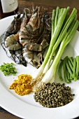 Ingredients for prawns on lentils and beans