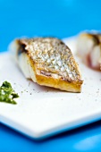 Fried sea bass with pesto