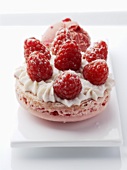 Macaron with raspberries, cream and raspberry ice cream