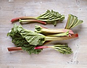 Sticks of rhubarb with leaves on wooden background