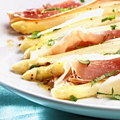 Asparagus with mustard butter, ham and basil
