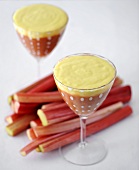 Rhubarb compote with elderflower cream in two glasses