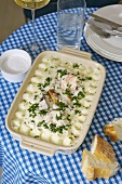 Fish pie (coley ragout with mashed potato) in a baking dish
