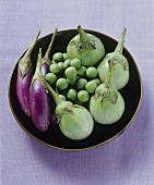 Various types of Thai aubergines on a plate