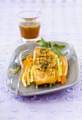 Marinated, roasted bass with julienne vegetables