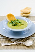 A plate of green cream of vegetable soup with toast