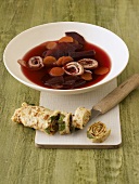 Beetroot and orange soup with herb pancake