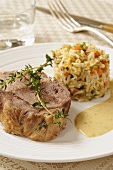 Roast pork with anchovy sauce and vegetable rice