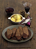 Venison with poppy seed dumplings & red cabbage with figs