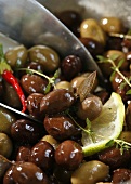 Marinated black and green olives