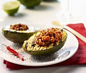 Grilled avocado halves stuffed with tuna tartare