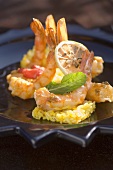 Fried chermoula prawns on saffron rice