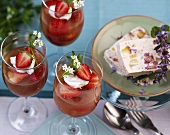 Woodruff & strawberry jelly with champagne, rhubarb & banana parfait