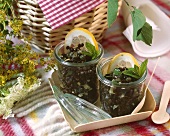 Lentil salad with capers, mint and lemon in two jars