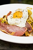Bubble and squeak with bacon and fried egg