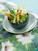 Fried root vegetables, broccoli and beans