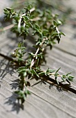 Sprigs of thyme on wooden background