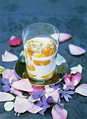 Peaches with coconut milk in glass